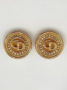 Christian Dior Earrings Gold Logo Authentic Large Stud CD Vintage Clip on 1980s